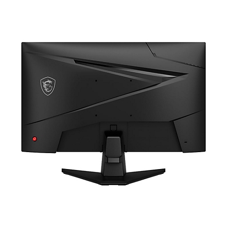 Schwarzer Gaming-Monitor von hinten, Logo und rote LED.