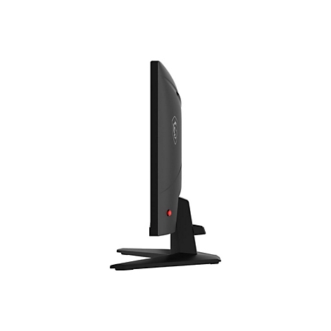 Schwarzer Monitor im Profil, mit Standfuß. Rot leuchtender Power-Knopf. Marke: MSI.