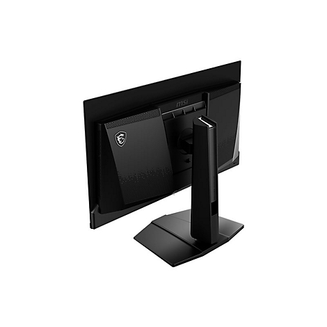 Rückansicht eines schwarzen MSI Gaming-Monitors auf einem Standfuß vor weißem Hintergrund.
