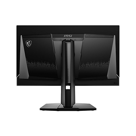 Rückseite eines schwarzen MSI Gaming-Monitors mit Standfuß und Drachenlogo auf weißem Hintergrund.