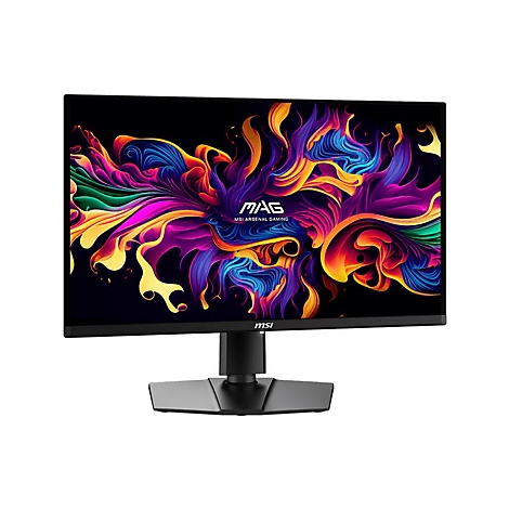 MSI MAG Gaming-Monitor mit schwarzem Standfuß und farbenfrohem, abstraktem Display-Hintergrundbild.