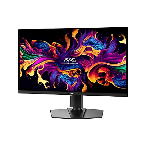 MSI Gaming-Monitor auf schwarzem Standfuß mit farbenfroher, abstrakter Grafik auf dem Display.