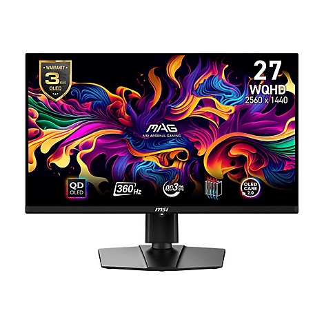 MSI Gaming-Monitor, 27 Zoll WQHD, mit OLED-Display und farbenfrohem Hintergrund vor weißem Hintergrund.