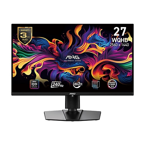 Schwarzer Monitor mit bunten Grafiken. 27 Zoll, WQHD, 240 Hz, OLED. Mit Standfuß.