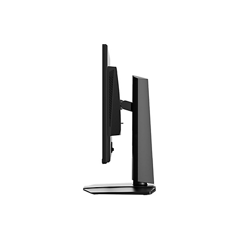 Seitliche Ansicht eines schwarzen Computermonitors mit höhenverstellbarem Standfuß vor weißem Hintergrund.