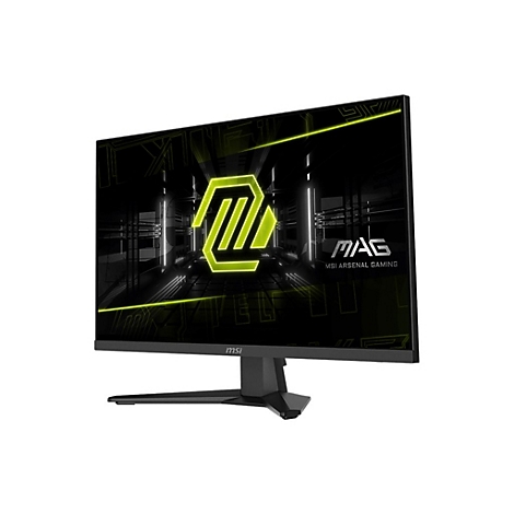 Ein schwarzer Gaming-Monitor mit leuchtend grünem Logo. Der Bildschirm zeigt ein abstraktes Muster und die Schriftzüge MSI Arsenal Gaming.