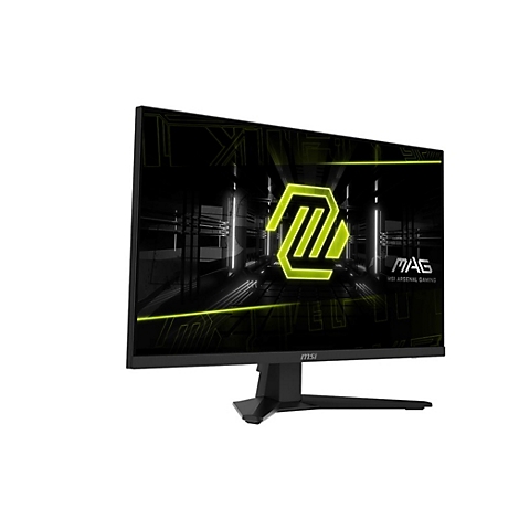 Schwarzer Gaming Monitor mit Neon-Design. Auf dem Bildschirm leuchtet das MSI-Logo.