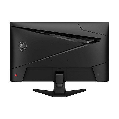 Schwarzer Monitor mit MSI-Logo, Rückansicht. Ein roter Knopf befindet sich an der unteren linken Ecke.