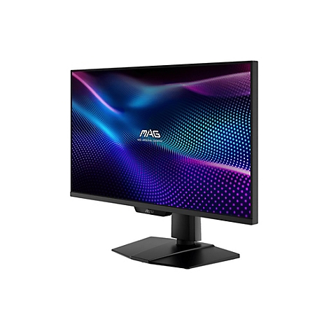Schwarzer Gaming-Monitor mit blau-violettem Bildschirmhintergrund. Der Monitor steht auf einem schwarzen Standfuß.