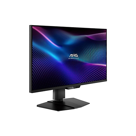 Schwarzer Gaming Monitor mit MSI-Logo, Display mit bunten Wellen vor weißem Hintergrund. Der Monitor ist leicht angewinkelt, um die Details zu zeigen.