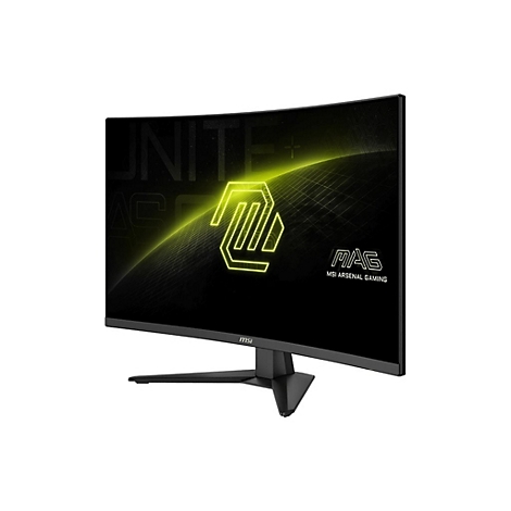 Gebogener MSI-Gaming-Monitor mit Logo auf schwarzem Bildschirm, schwarzem Standfuß. Die Schrift lautet MAG, MSI ARSENAL GAMING.