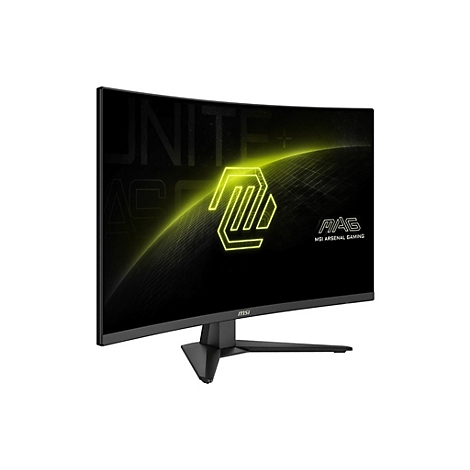 Ein schwarzer, gebogener MSI-Gaming-Monitor mit gelbem Logo und Aufschrift.