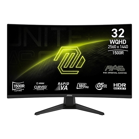 Gebogener Gaming-Monitor mit 32 Zoll Bildschirmdiagonale, Auflösung 2560x1440, mit Logo und Produktbezeichnungen.