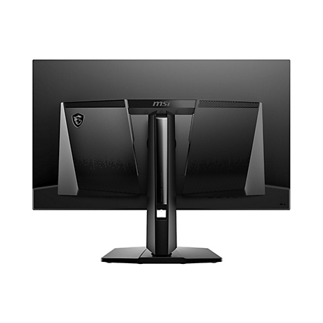 Rückansicht eines schwarzen MSI Gaming-Monitors mit Drachen-Logo und zentralem Standfuß auf weißem Hintergrund.