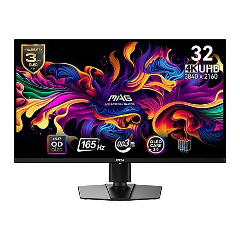MSI MAG Gaming-Monitor mit 32 Zoll, 4K UHD-Auflösung und farbenprächtigem abstrakten Hintergrunddesign.