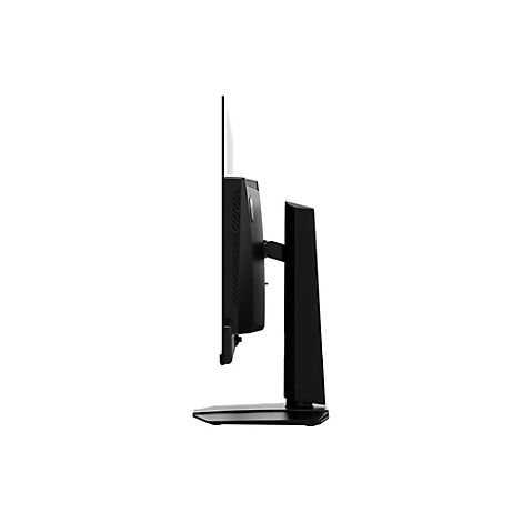 Seitenansicht eines schwarzen Computermonitors mit schlankem Design und ergonomischem Standfuß.