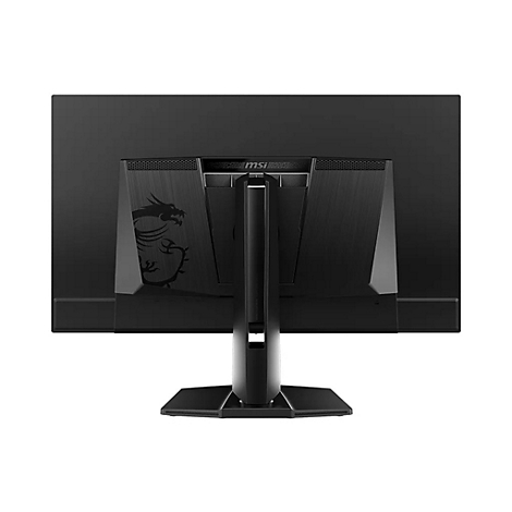 Rückansicht eines schwarzen MSI Gaming-Monitors mit Drachen-Logo und Standfuß vor weißem Hintergrund.