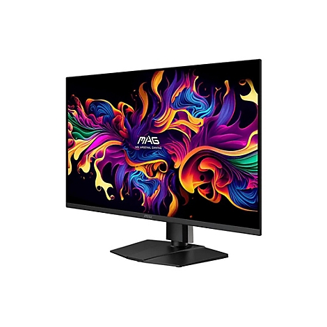 MSI Gaming Monitor vor weißem Hintergrund mit farbenfrohem abstraktem Wallpaper und MAG-Logo.