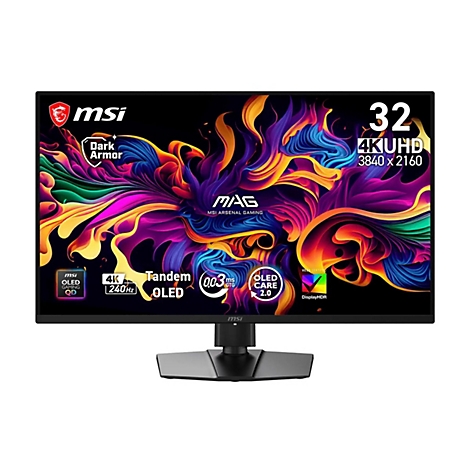 MSI 32 Zoll Gaming-Monitor mit 4K-UHD-Auflösung und farbenfrohem, abstraktem Hintergrunddesign.