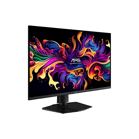 MSI Gaming-Monitor in Schwarz mit farbenfrohem, abstraktem Hintergrundbild auf dem Bildschirm.