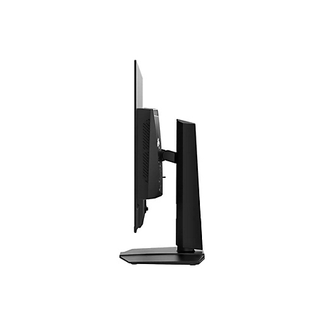 Seitenansicht eines schwarzen Computer-Monitors mit schmalem Display und stabilem Standfuß vor weißem Hintergrund.