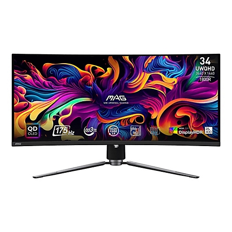 Ein gebogener MSI-Gaming-Monitor mit einem bunten, abstrakten Hintergrundbild und technischen Spezifikationen.
