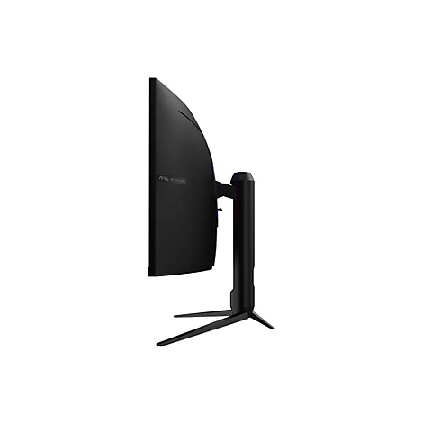 Seitliche Ansicht eines schwarzen Curved-Gaming-Monitors mit Standfuß auf weißem Hintergrund.