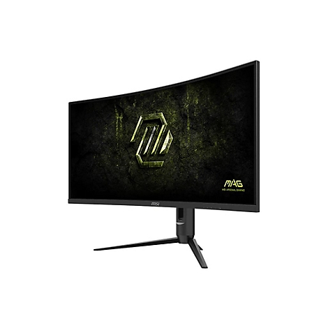 Gebogener MSI Gaming-Monitor vor weißem Hintergrund mit leuchtendem MAG-Logo auf dem Display.