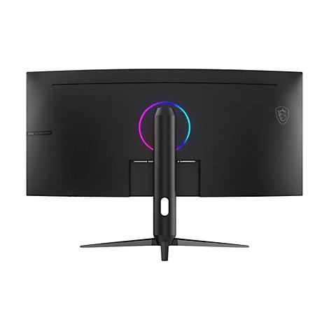 Rückseite eines gebogenen schwarzen MSI Gaming-Monitors mit RGB-Lichtring am Standfuß und MSI-Logo.