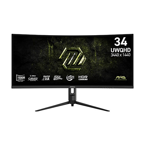 MSI 34-Zoll Curved Gaming-Monitor auf schwarzem Standfuß vor weißem Hintergrund.