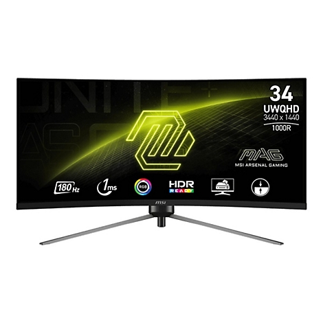 Ein MSI Gaming Monitor mit gekrümmten Bildschirm, Details sind: 180 Hz, 1ms, HDR Ready, UWQHD 3440 x 1440. Aufschrift: MAG MSI ARSENAL GAMING.