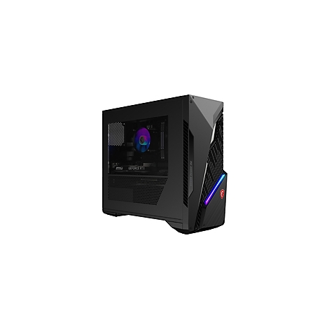 Schwarzer Gaming-PC mit RGB-Beleuchtung und Glasfenster. Das Innere zeigt Komponenten wie Grafikkarte und CPU-Kühler.