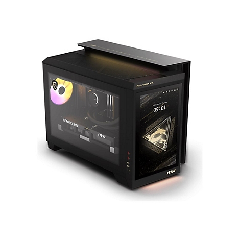 Schwarzer PC-Tower mit Glasfront. Innenbeleuchtung, Gehäuse mit MSI-Logo, Bildschirm mit Uhrzeit. Aufschrift GeForce RTX.