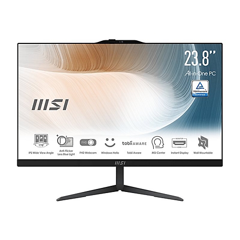 Ein schwarzer All-in-One PC Monitor mit 23,8-Zoll-Bildschirm, der auf einem schwarzen Standfuß steht.