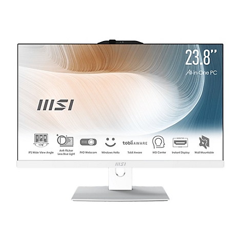 Ein weißer All-in-One-PC-Monitor mit 23,8-Zoll-Bildschirm und verschiedenen Funktionen: IPS Wide View Angle, Anti-Flicker, FHD Webcam, Tobii Aware. Unten steht IIISI.