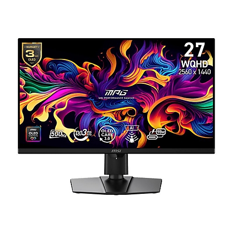 MSI Gaming-Monitor mit 27 Zoll, WQHD-Auflösung und buntem, abstraktem Hintergrundbild.