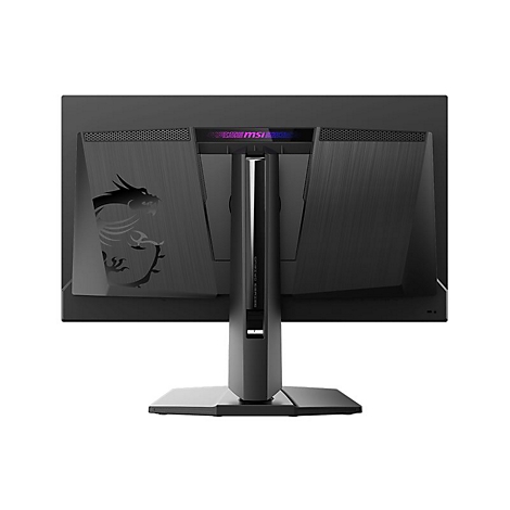Rückseite eines schwarzen MSI Gaming-Monitors mit Drachenlogo und Standfuß vor weißem Hintergrund.