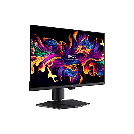 Schwarzer MSI Gaming-Monitor mit farbenfrohem, abstraktem Hintergrundbild vor weißem Hintergrund.
