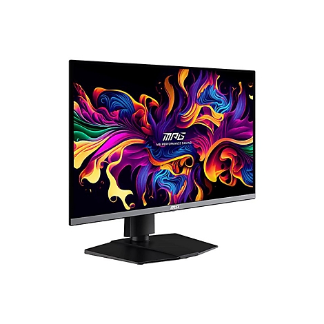 Ein Gaming Monitor mit einem farbenfrohen abstrakten Hintergrund. Auf dem Bildschirm sind die Logos MAG und MSI zu sehen.