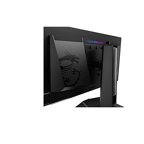 Detailansicht eines schwarzen MSI-Monitors, Rückseite mit Drachendekor und MSI-Logo.