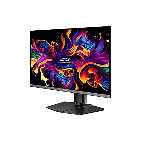 MSI Monitor mit farbenfrohem Grafikdesign. Schwarzer Standfuß, Monitor mit dünnem Rahmen, Logo.