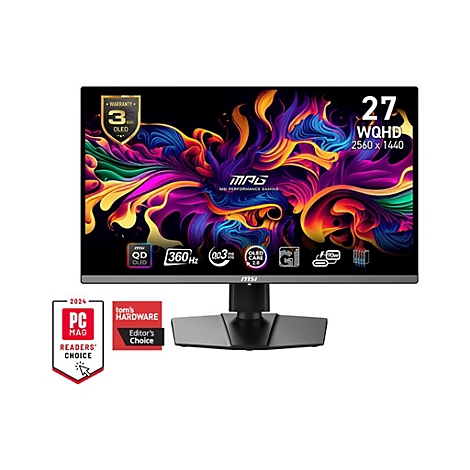 Ein schwarzer MSI-Monitor mit farbenfrohem Hintergrund. Auf dem Bildschirm sind technische Daten und Auszeichnungen abgebildet. Unten Logos von 'PC Mag' und 'Tom's Hardware'.