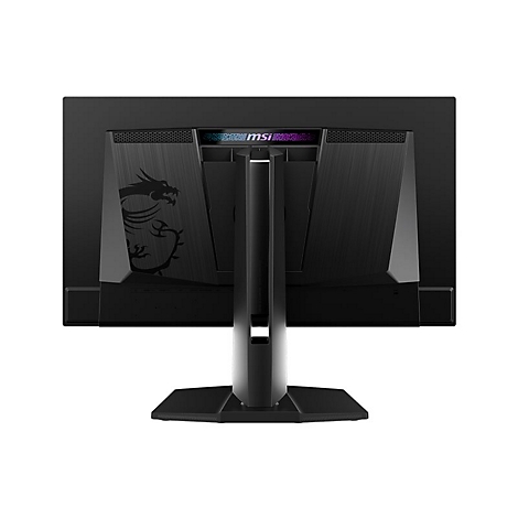 Schwarzer MSI-Monitor mit Drachenlogo und Markennamen. Die Rückseite ist im Fokus, mit einem stabilen Standfuß.