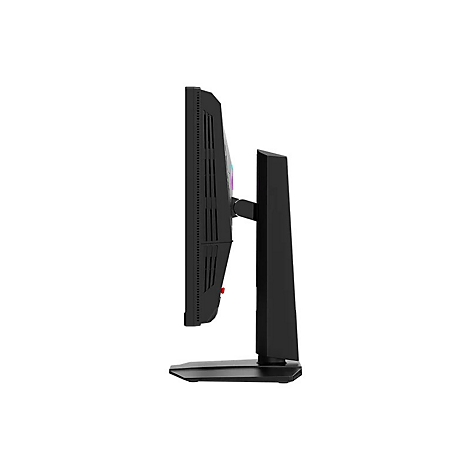 Seitenansicht eines schwarzen Gaming-Monitors mit schmalem Standfuß vor weißem Hintergrund.