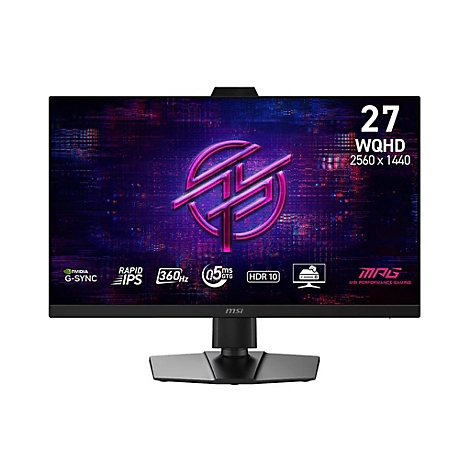 MSI Gaming Monitor 27 Zoll WQHD mit 360Hz Display, dunklem Design und technischen Spezifikationen auf dem Bildschirm.