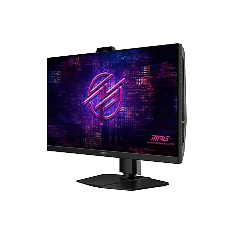 Schwarzer MSI Gaming-Monitor mit leuchtend violettem MSI-Logo auf dem Display vor weißem Hintergrund.