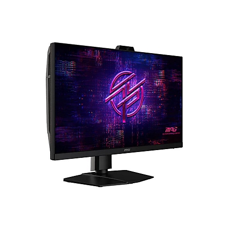 MSI Gaming-Monitor in Schwarz vor weißem Hintergrund mit leuchtendem violettem Logo auf dem Bildschirm.