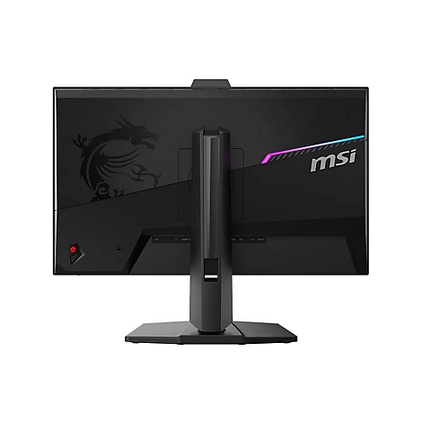 Rückseite eines schwarzen MSI Gaming-Monitors mit Drachenlogo und RGB-Beleuchtung auf einem Standfuß.