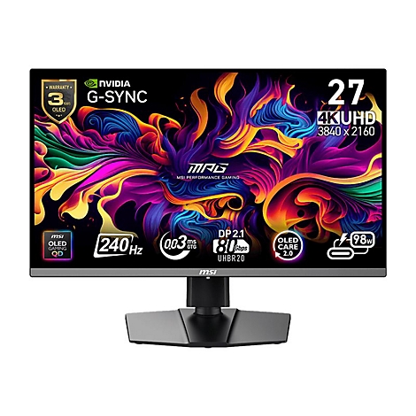 Ein 27 Zoll MSI-OLED-Gaming-Monitor mit buntem Hintergrund, Textangaben wie 4K UHD, G-Sync und 240Hz.