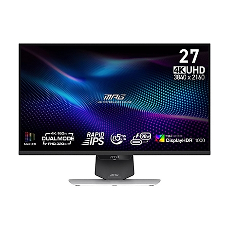 MSI Gaming-Monitor 27 Zoll 4K UHD mit technischer Auflistung der Features wie Rapid IPS und 160Hz.